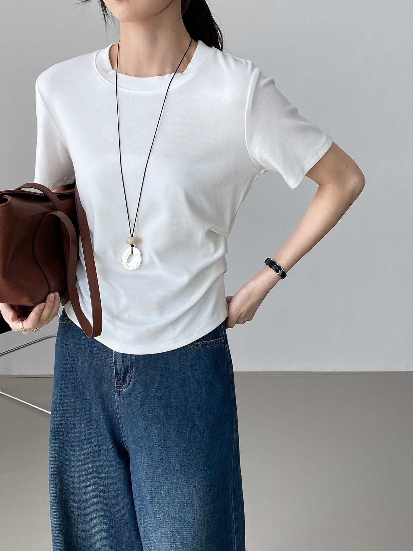 White Round Neck Short-sleeved T-shirt Summer Women's Tops-ABSPF-259