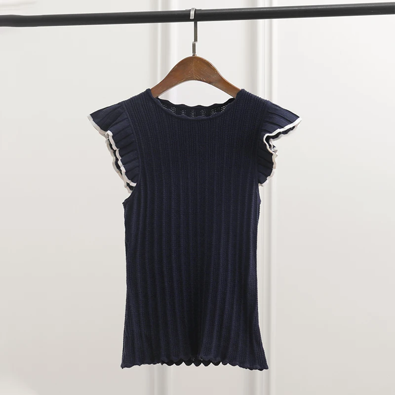 Ruffled Sleeves Mesh Knitted Femme Elegant Summer Thin Short-sleeved Knit