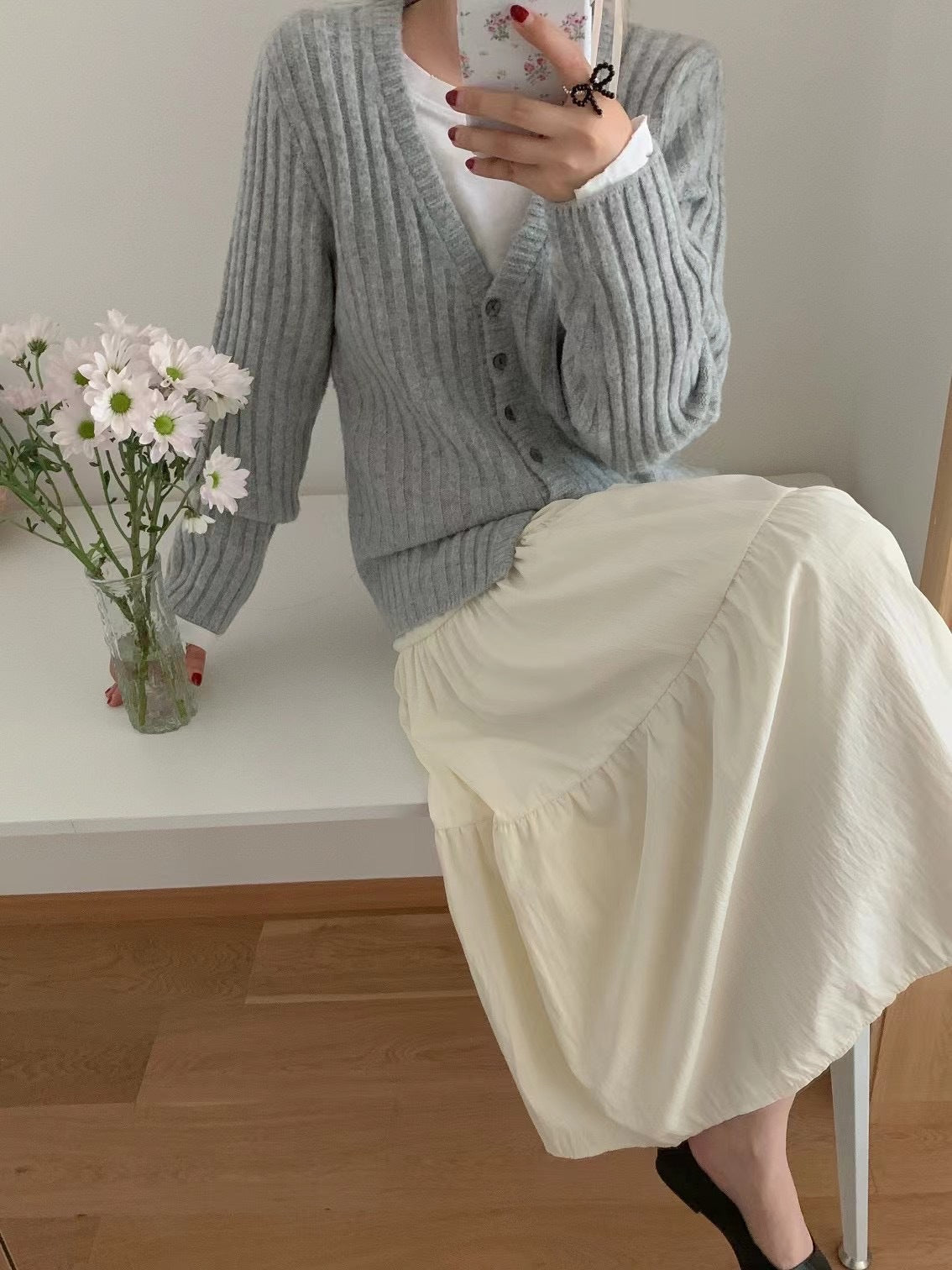 V-neck Ribbed Knit Cardigan-ABS2504BK