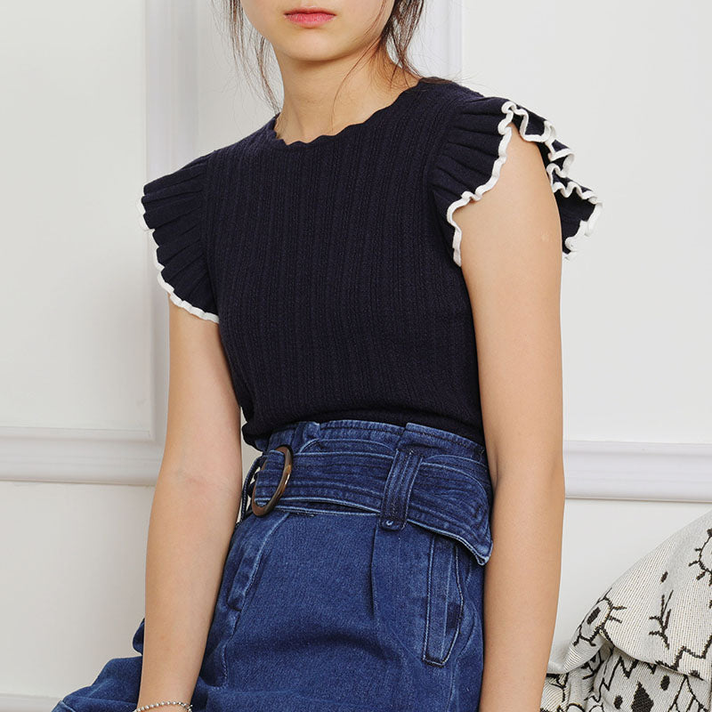 Ruffled Sleeves Mesh Knitted Femme Elegant Summer Thin Short-sleeved Knit