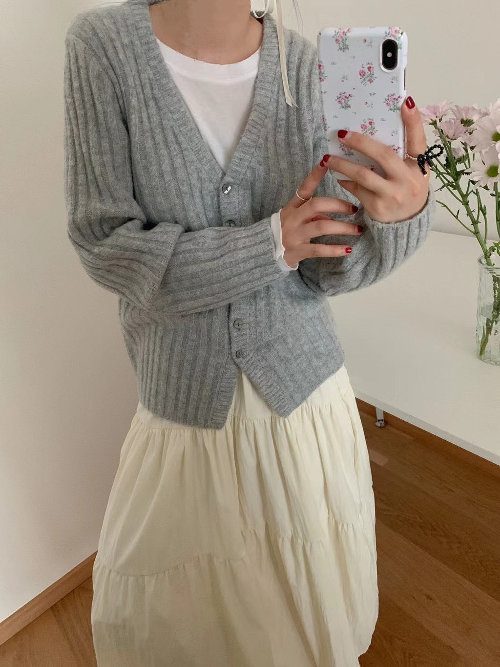 V-neck Ribbed Knit Cardigan-ABS2504BK