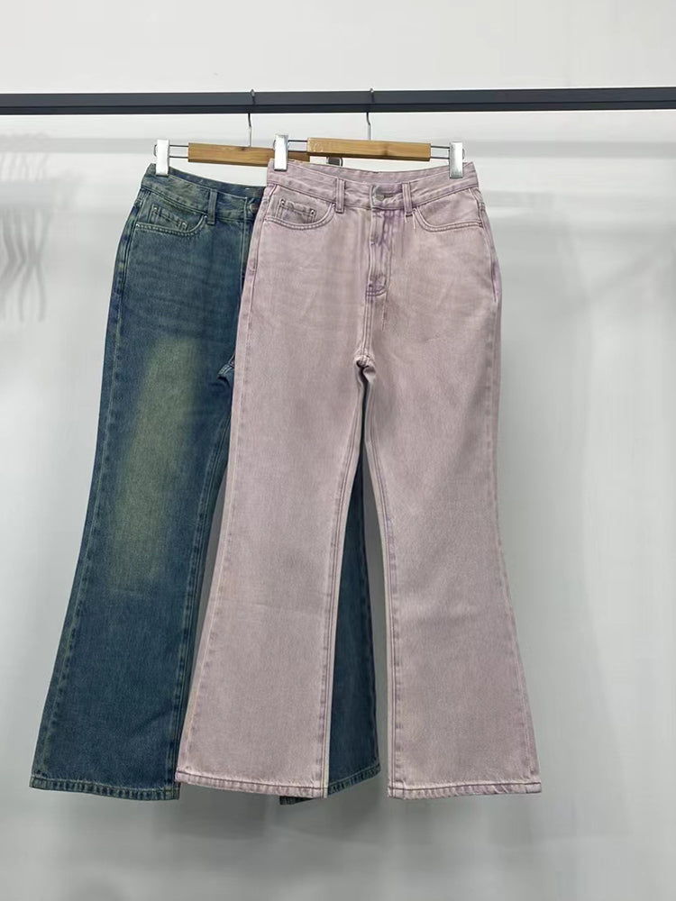 High-waisted Cotton Slim-fit Flared Washed Cropped Jeans-LB219