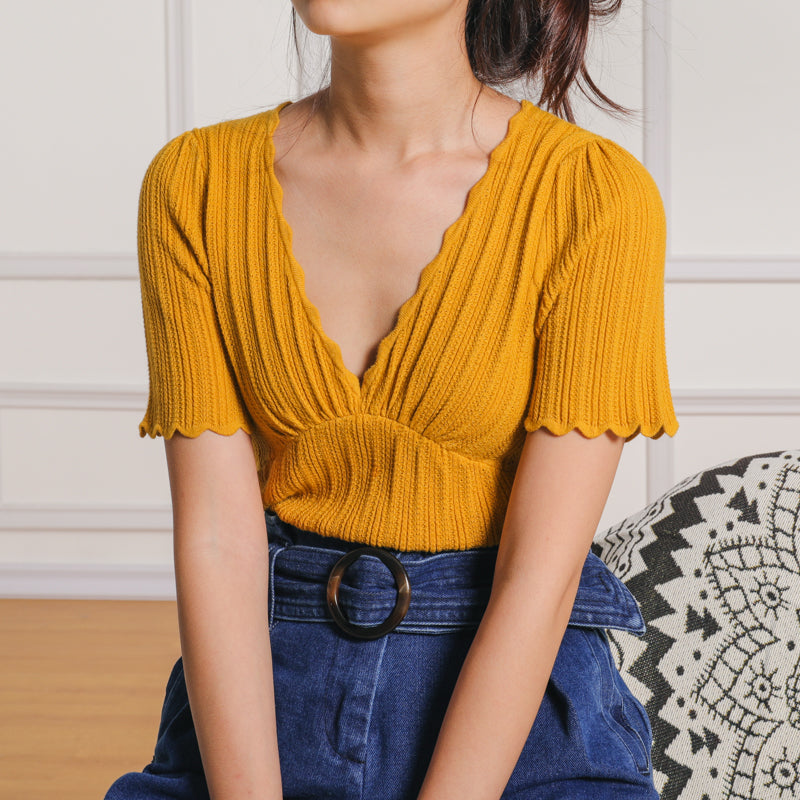 V Puff Sleeved Knit Chic T Shirt