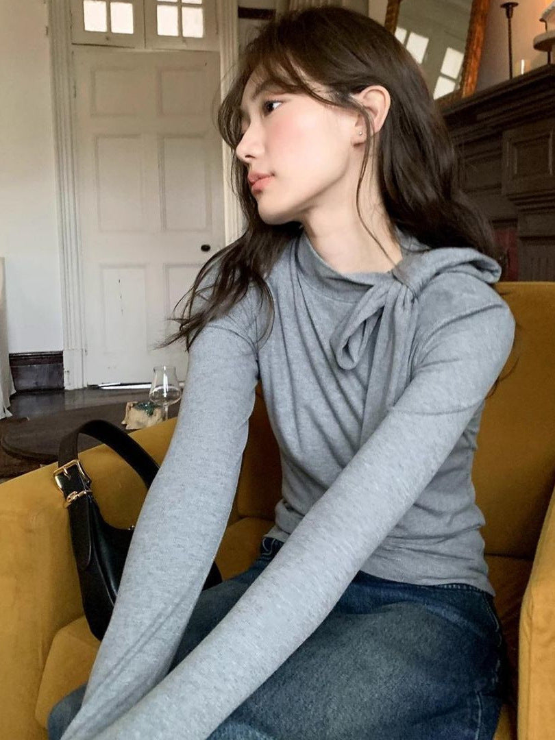 Stand Collar and Tie Knitted Bottoming Long-sleeved T-shirt-ABS2507GY