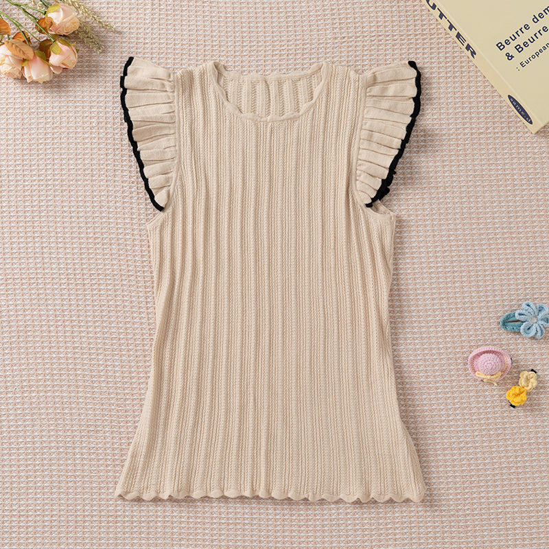 Ruffled Sleeves Mesh Knitted Femme Elegant Summer Thin Short-sleeved Knit