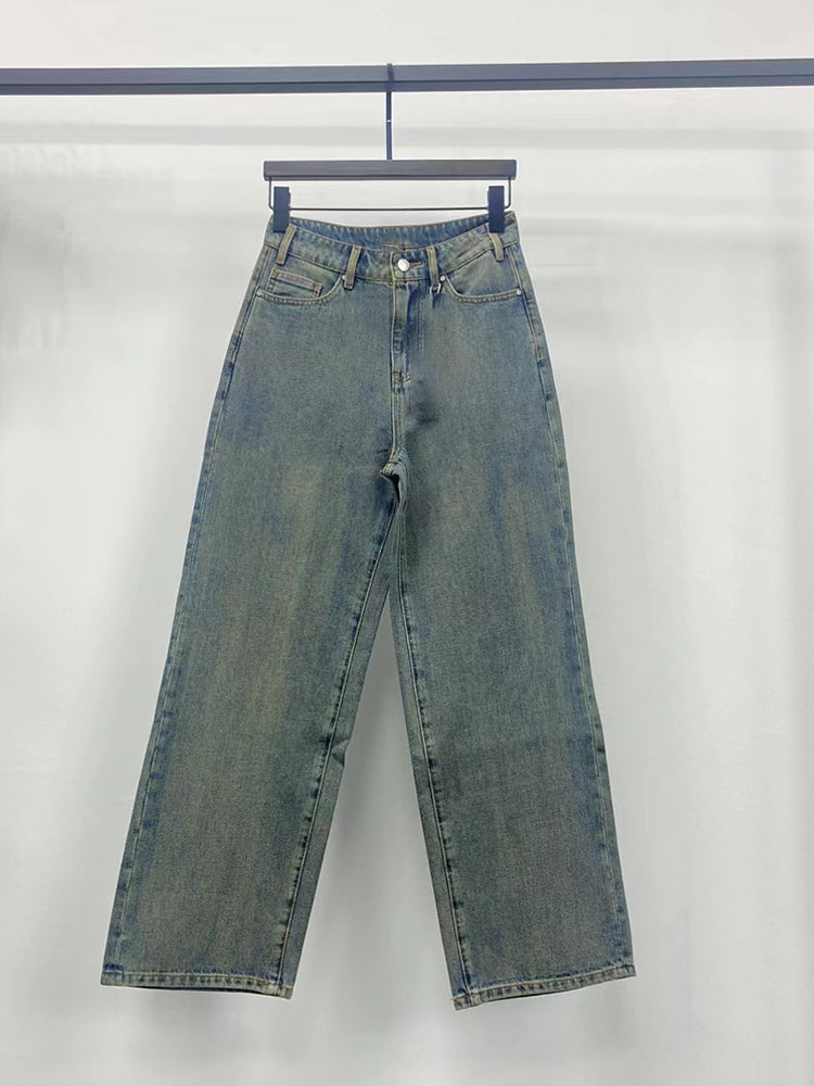 Straight High Waist Boyfriend Style Fashionable Washed Distressed Blue Denim Trousers