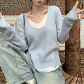 Women's V-neck Fake Two-piece Top with Contrasting Colors Knitted Long Sleeves Shirts-ABS2497BK