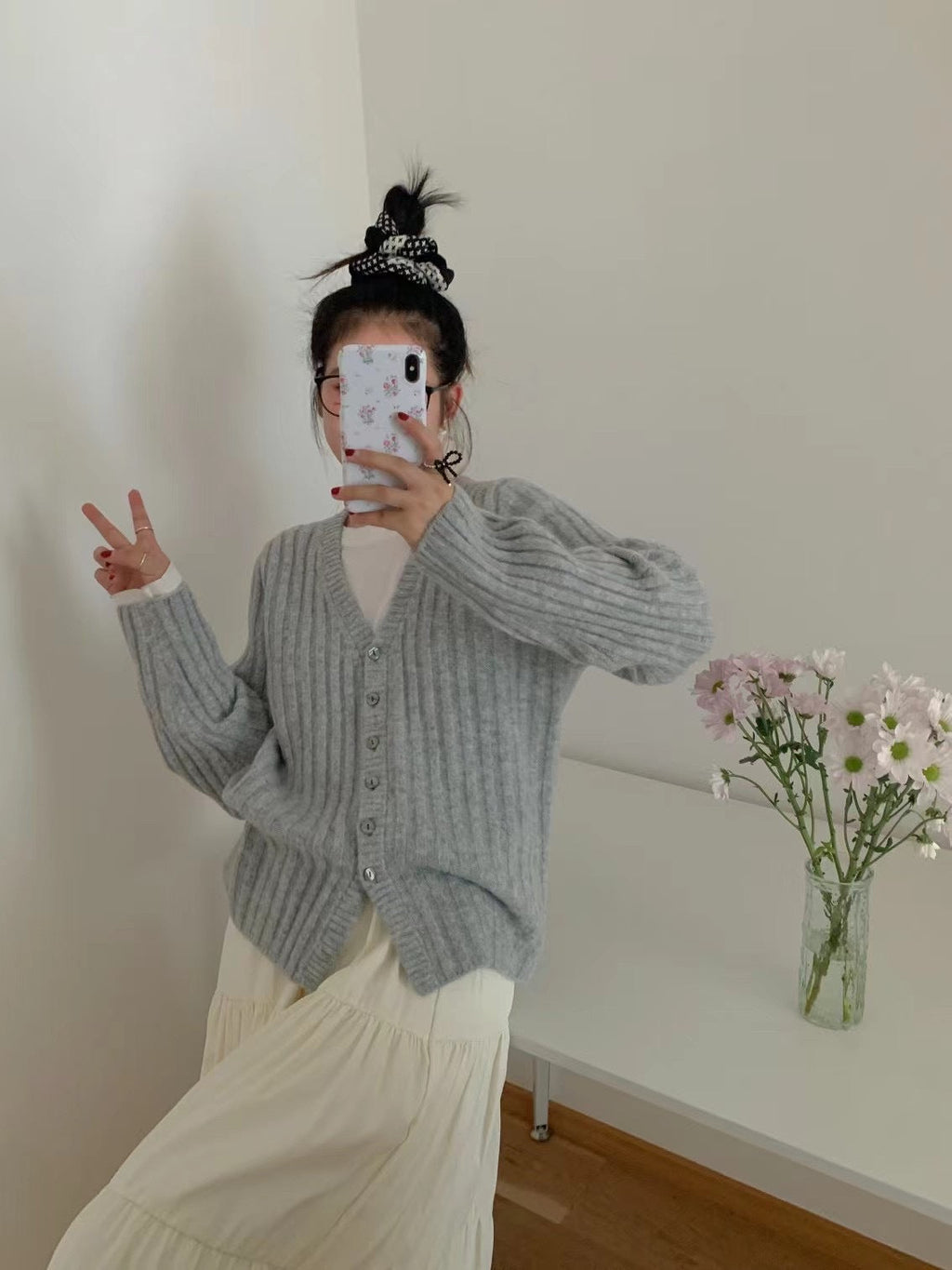 V-neck Ribbed Knit Cardigan-ABS2504BK
