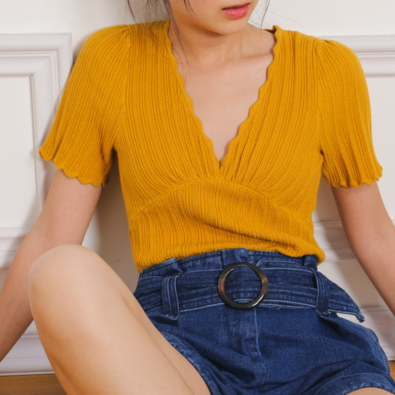 V Puff Sleeved Knit Chic T Shirt