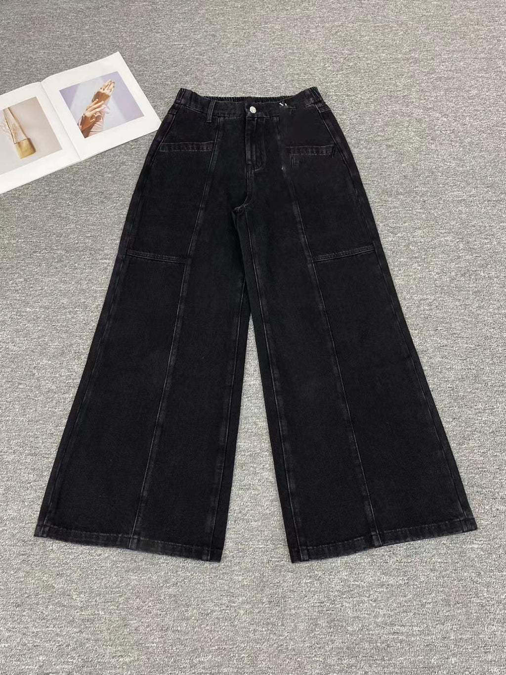 High Waist Soft Cotton Wide Leg Pants Elastic Loose Floor-length Denim Trousers for Women-LB239